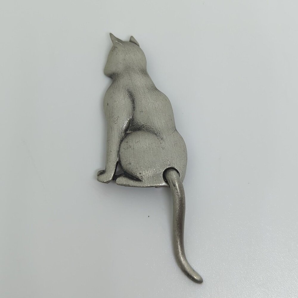 Vintage JJ Signed Cat Brooch With Articulated Tail Pewter-Tone 2.5 Inches - Picture 1 of 4